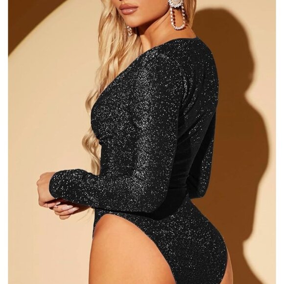 Black Sparkly Long Sleeve Deep V-Neck Bodysuit For Women - Picture 2 of 4